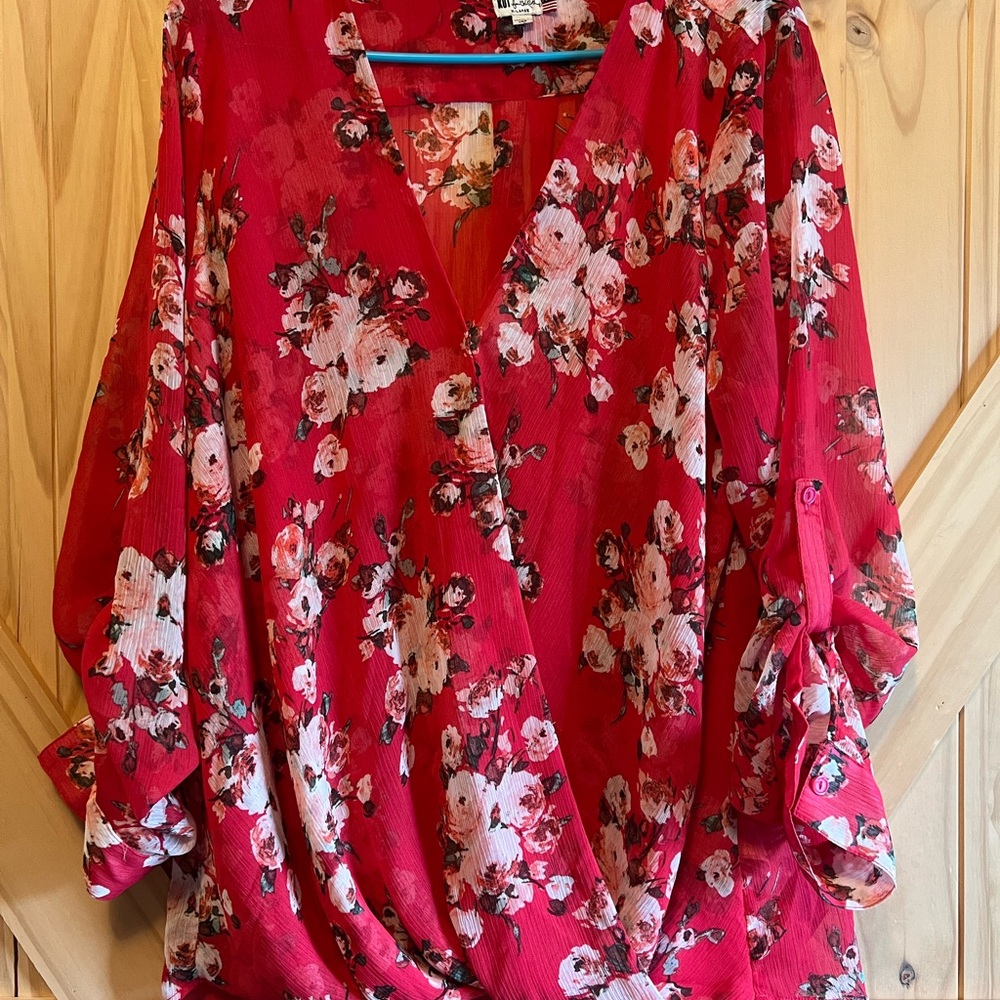 Kut from the Kloth Red Jenalee Wrap Ruffled 3/4 Sleeve Blouse Semi Sheer Boho